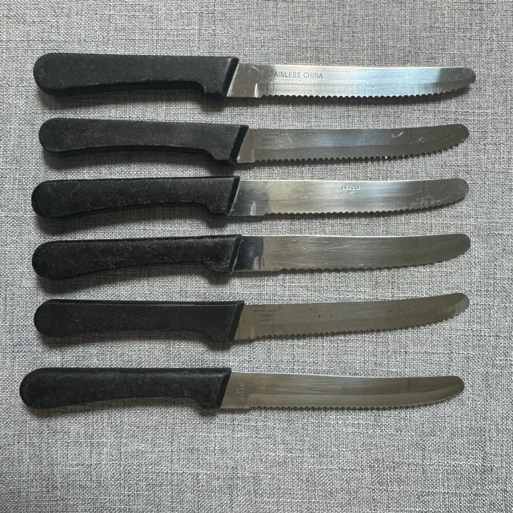 Serrated Steak Knives 6 Set Black Round Tip Kitchen Flatware Cutlery Cutting